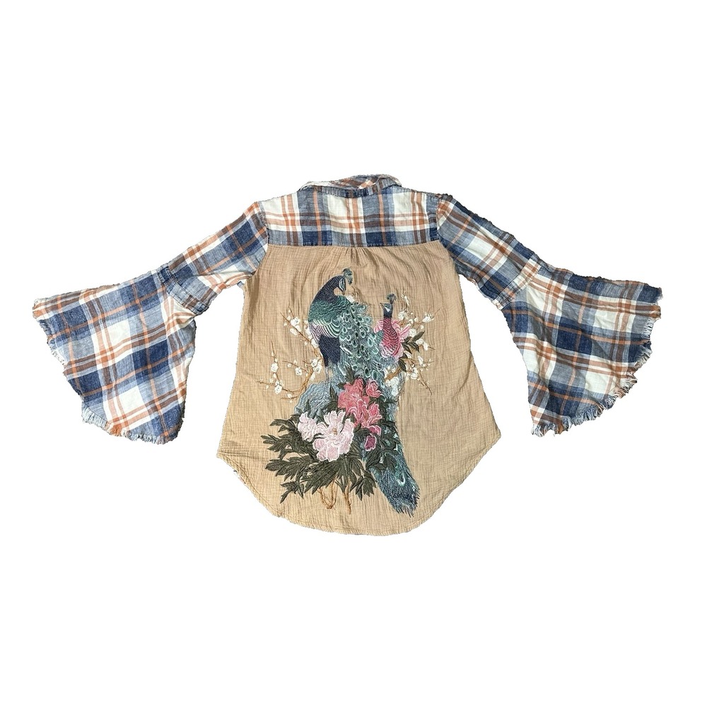 Aratta Silent Journey SMALL Boho Peacock Embroidered Bell Sleeve Button Up Shirt - Picture 1 of 13